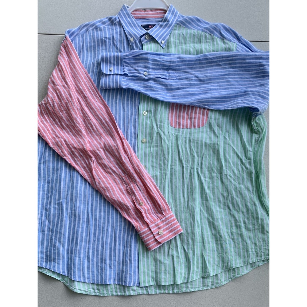 Vineyard Vines Classic Fit Tucker Shirt 100% Linen Colorblock Striped XXL